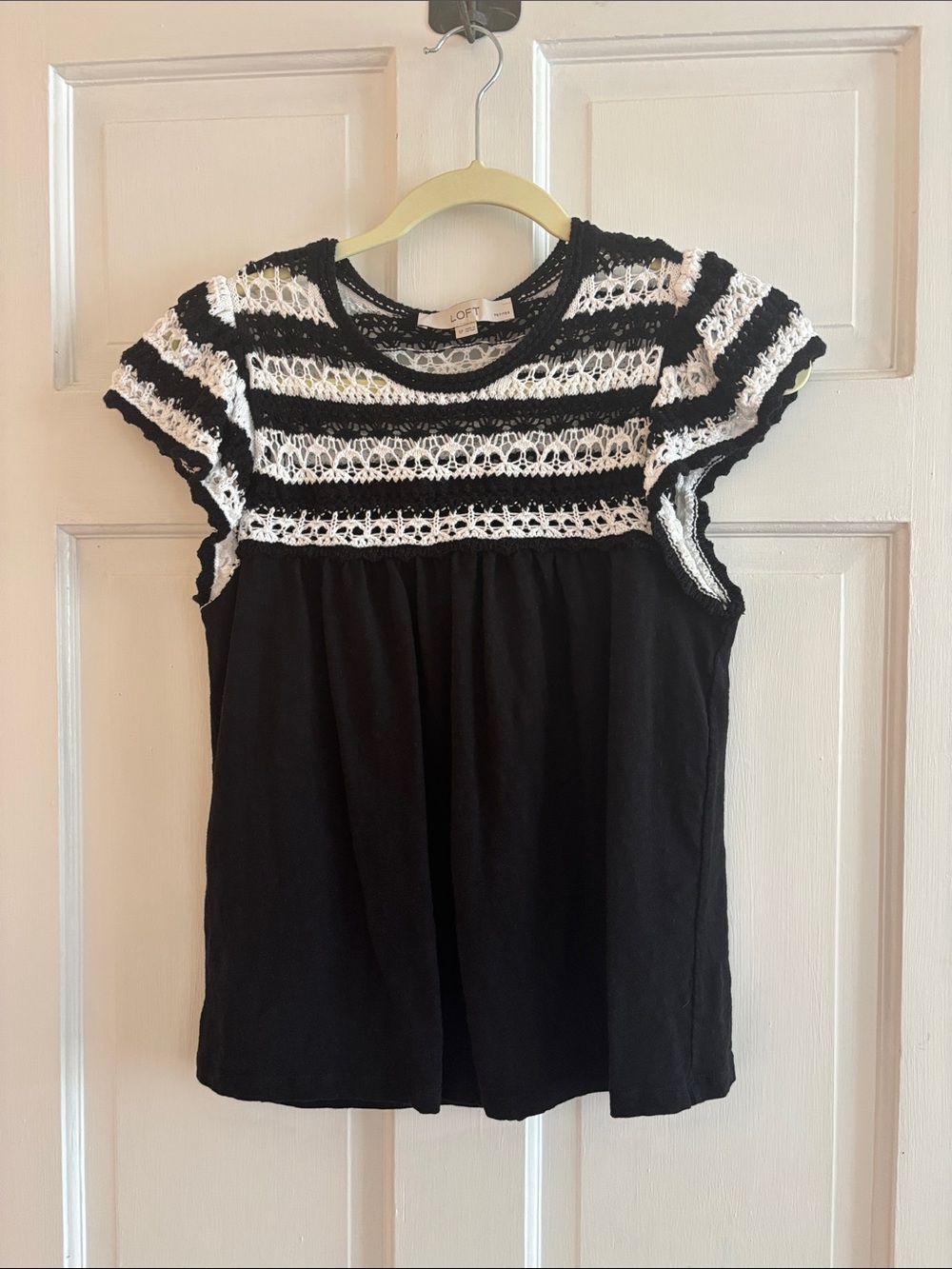 LOFT Black and White Crochet Yoke Cap Sleeve Top